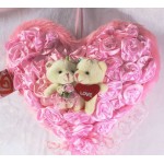 Pink Satin Roses Plush Heart with Love Couple Teddy Bears